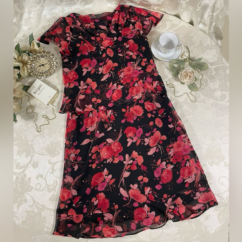 Women’s Black Floral Sag Harbor Dress Red Pink Flowers Faux 2 Piece|Pendant|M/L